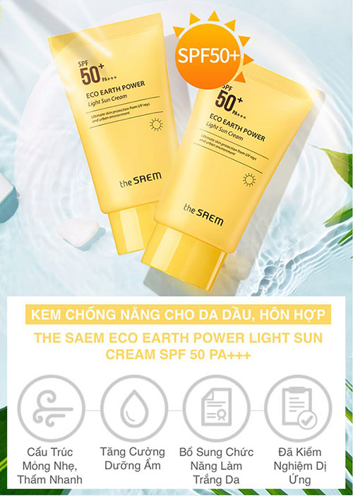 Kem Chống Nắng The Saem Eco Earth Power Light Sun Cream SPF50+ PA+++